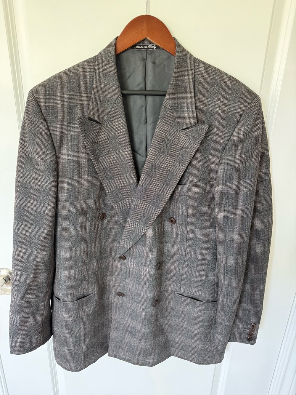 Valentino Vintage Wool Herringbone Plaid Double Breasted Blazer Jacket Size 41 L